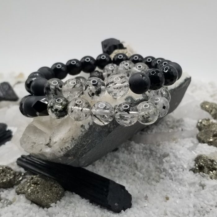 Natural Black Phantom Mica Quartz and Onyx Bracelet Stack