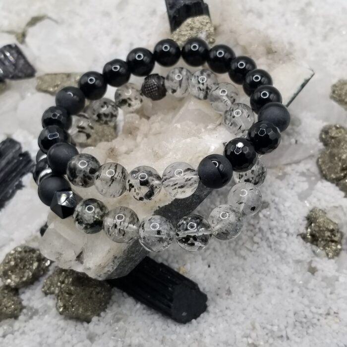 Natural Black Phantom Mica Quartz and Onyx Bracelet Stack - Image 3