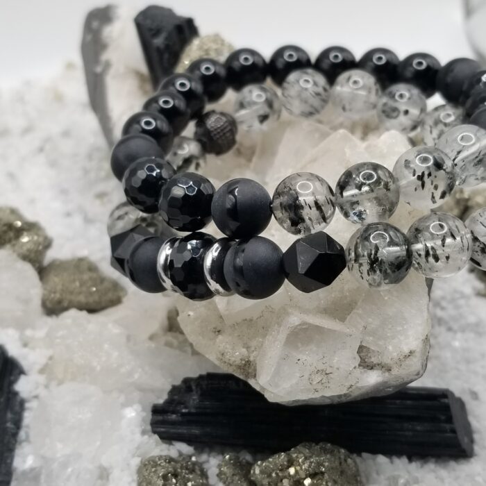 Natural Black Phantom Mica Quartz and Onyx Bracelet Stack - Image 2