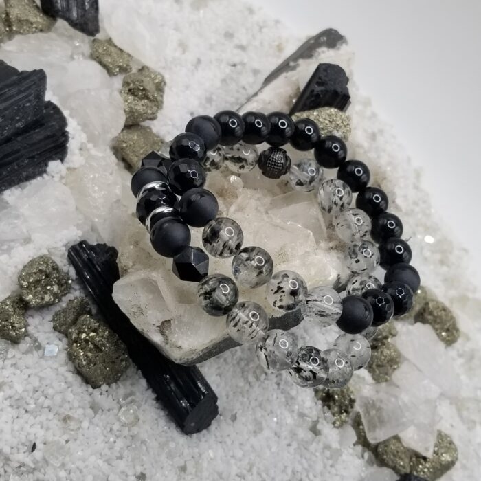Natural Black Phantom Mica Quartz and Onyx Bracelet Stack - Image 4