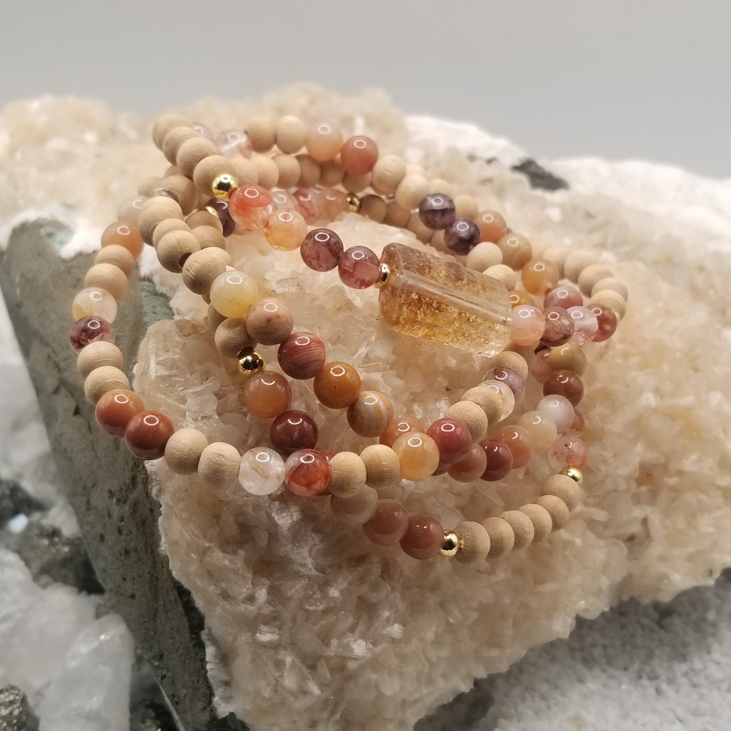 Natural Wood Beads with Red Hematoid Lepidocrocite Bangles