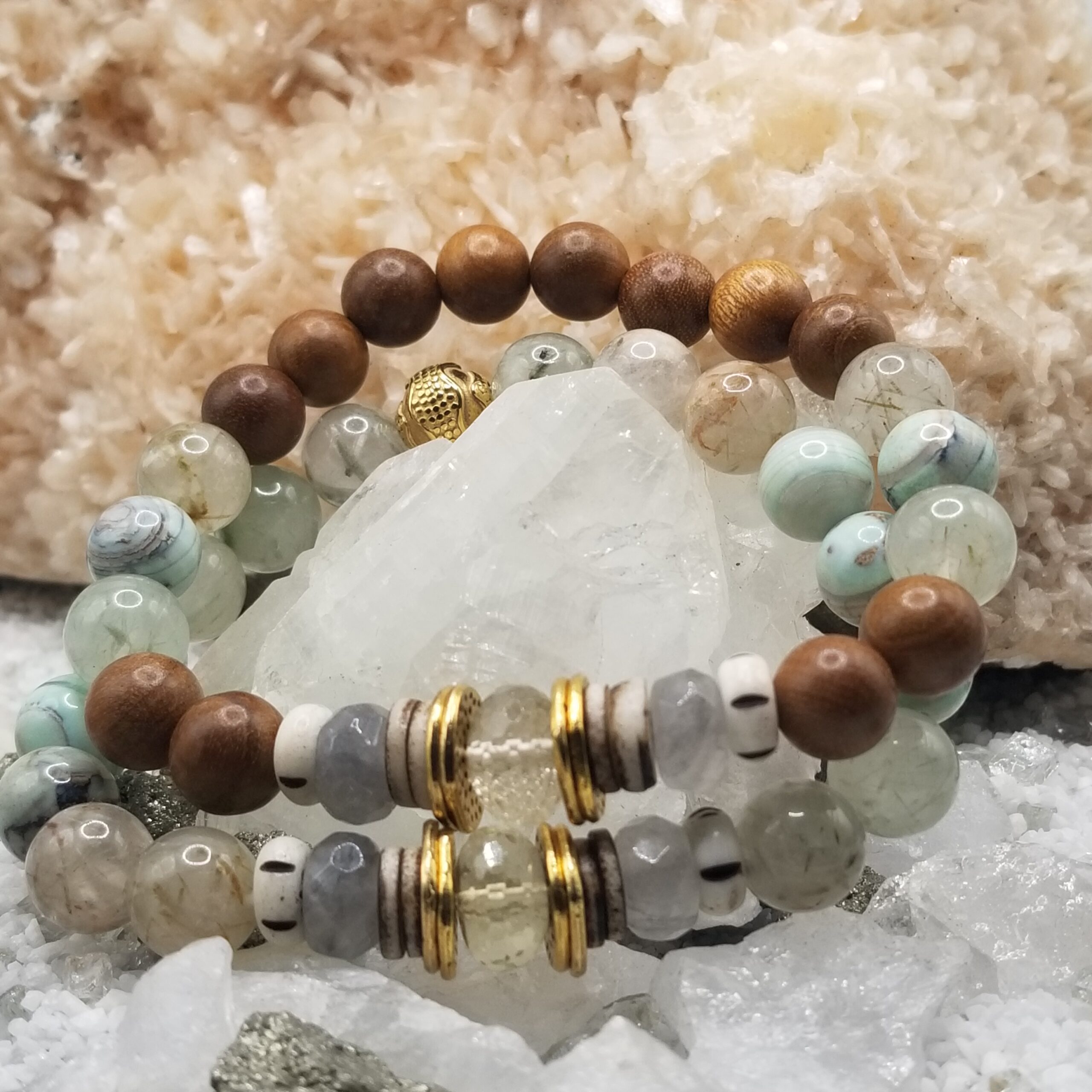 Bone and Natural Green Phantom Quartz Iolite Bracelet Stack