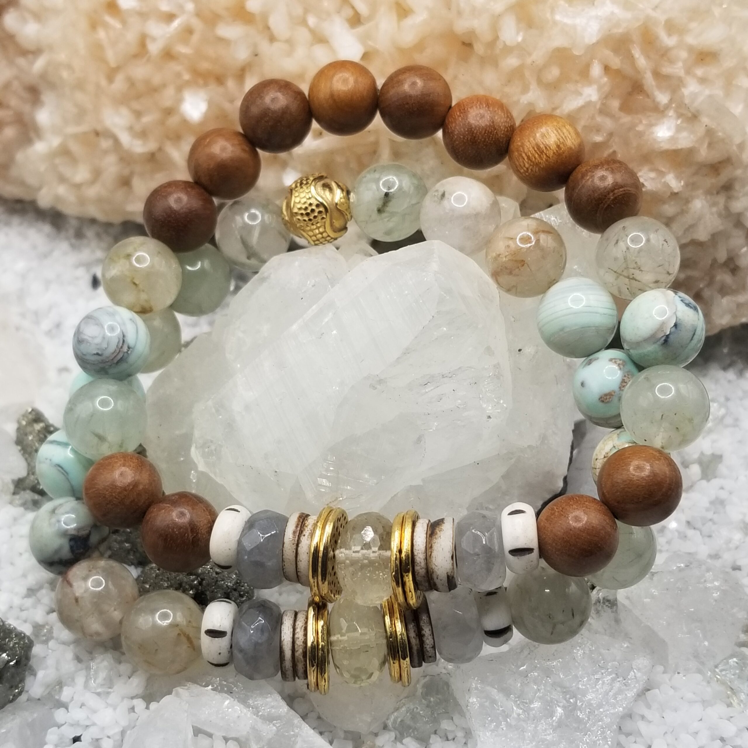 Bone and Natural Green Phantom Quartz Iolite Bracelet Stack - Image 3
