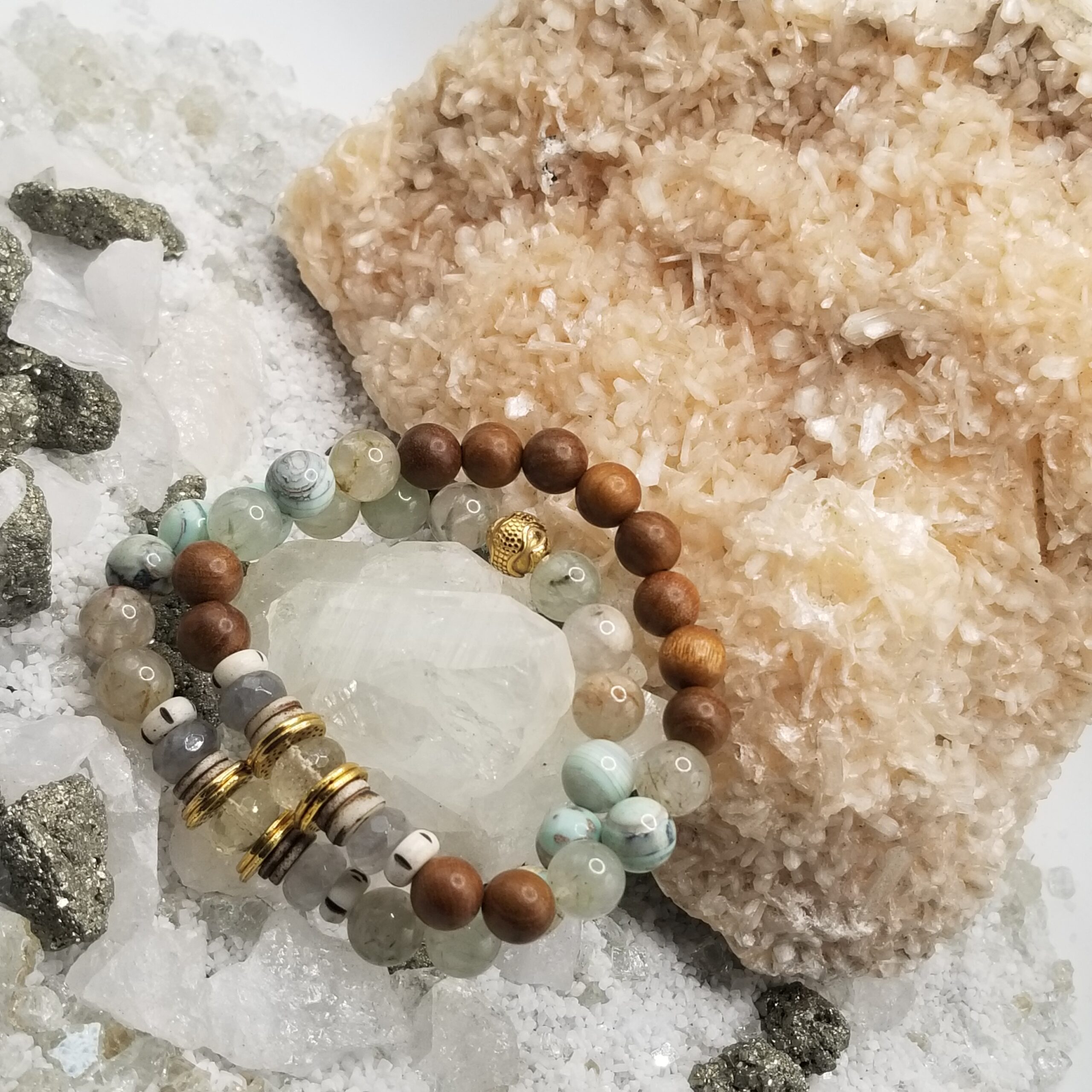 Bone and Natural Green Phantom Quartz Iolite Bracelet Stack - Image 2