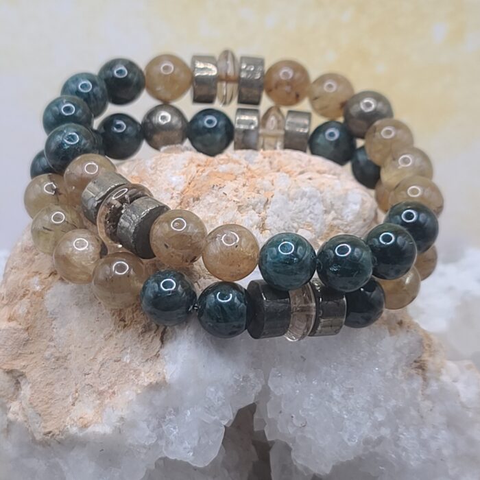 Natural Dark Blue Green Apatite & Natural Yellow Brown Apatite Bracelet Stack - Image 2