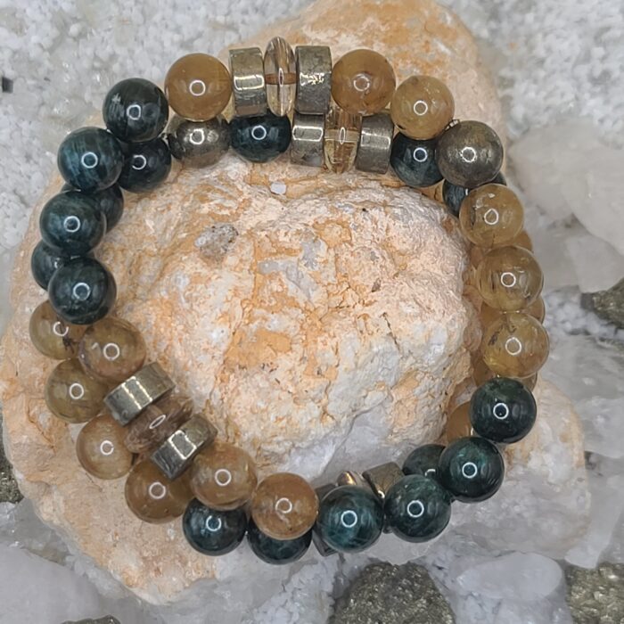 Natural Dark Blue Green Apatite & Natural Yellow Brown Apatite Bracelet Stack - Image 4