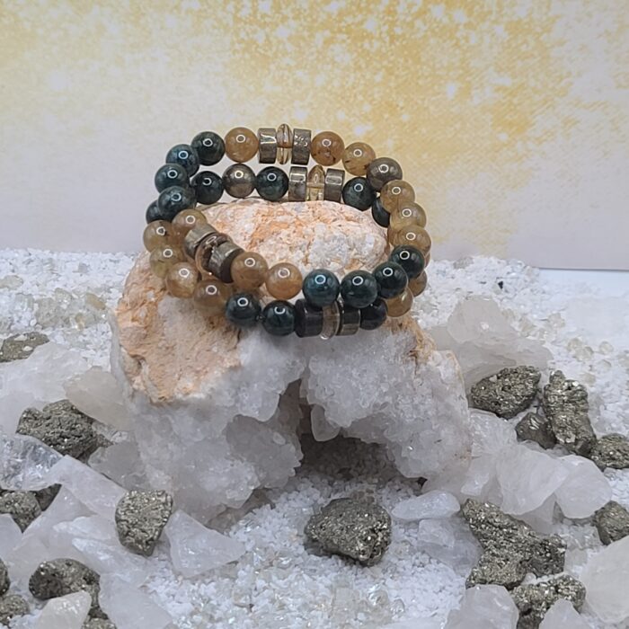 Natural Dark Blue Green Apatite & Natural Yellow Brown Apatite Bracelet Stack - Image 3