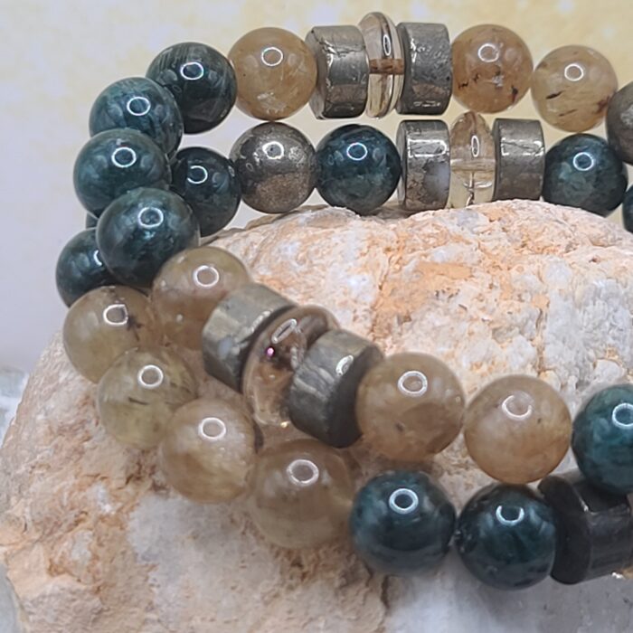 Natural Dark Blue Green Apatite & Natural Yellow Brown Apatite Bracelet Stack